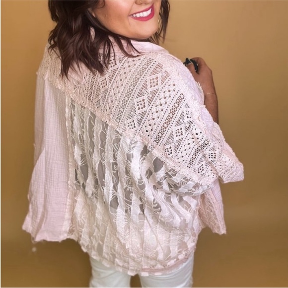 POL Mixed Fabric Button Down Patchwork Top - Picture 4 of 4